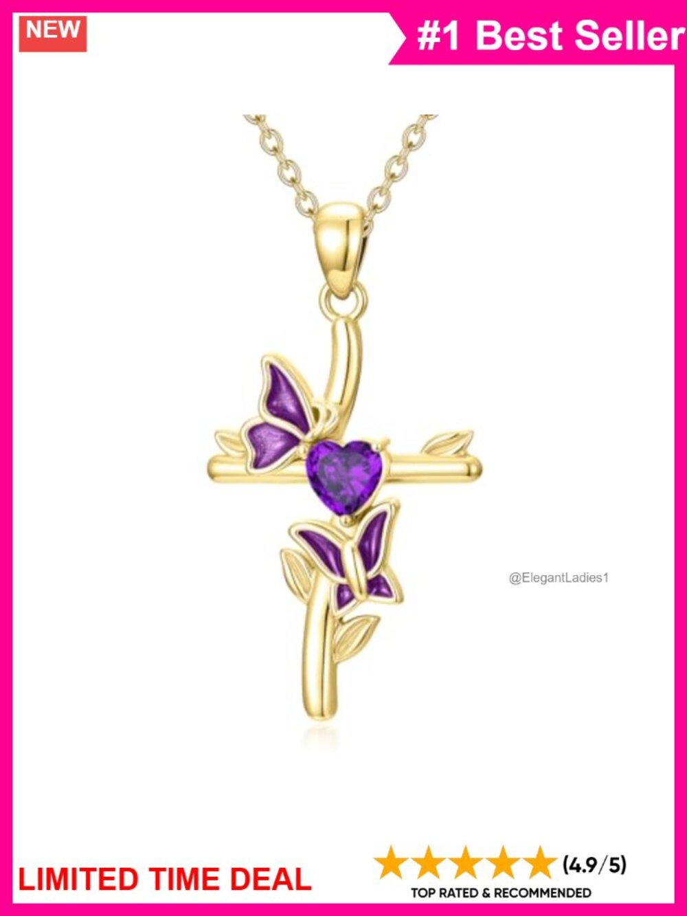 18K Yellow Gold Birthstone Cross Necklace Butterfly Pendant 18-20in
